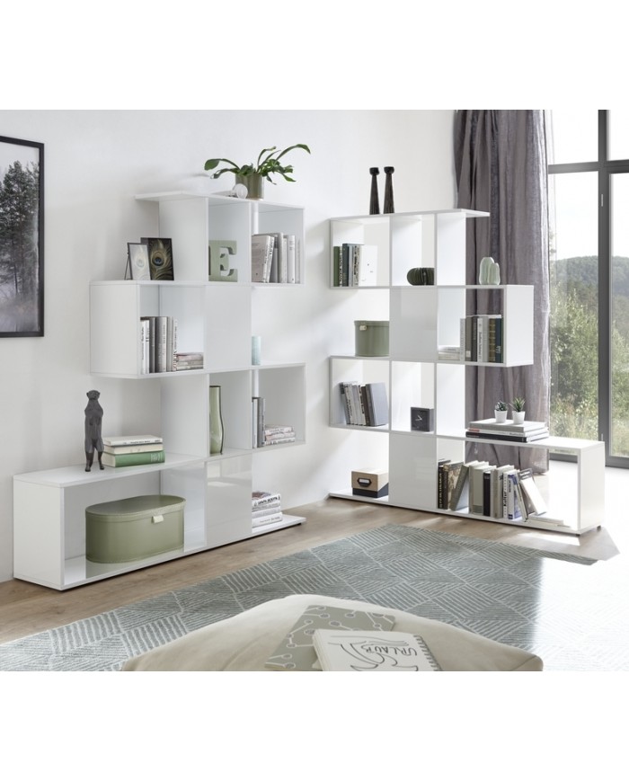 Libreria moderna da parete a scaffali L. 140 cm, colore bianco, cemento,  nero - Madrid