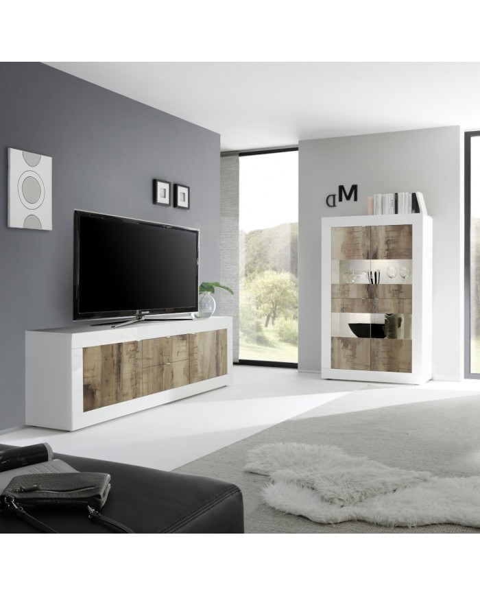 Stilprojectstore - Mobile Porta TV Bianco laccato lucido, 1 anta cemento e  vano con mensola vetro L. 140 cm - Basic