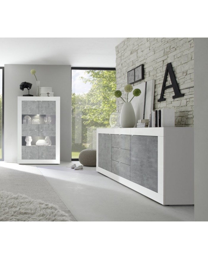 Credenza moderna bassa da soggiorno Bianco laccato lucido, 2 ante e 3  cassetti color Cemento - Basic