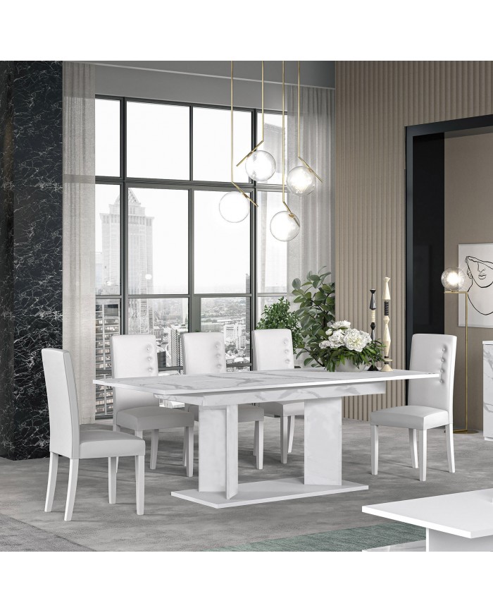 Soggiorno bianco laccato lucido effetto marmo con tavolo e sedie -  composizione Dream