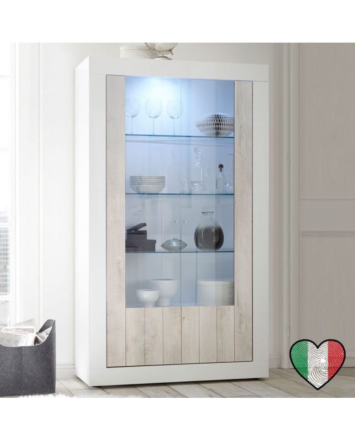 Credenza Vetrina alta soggiorno Laccato Bianco, 2 ante pino e vetro 110x190  - Urbino